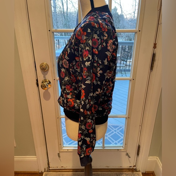 Love Tree Navy Floral Bomber Jacket Small Gold Zipper - Picture 10 of 11